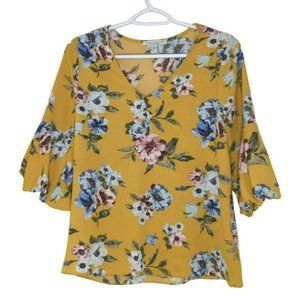 Green Envelope Womens Small Yellow Mustard Floral Blouse Bojo Style